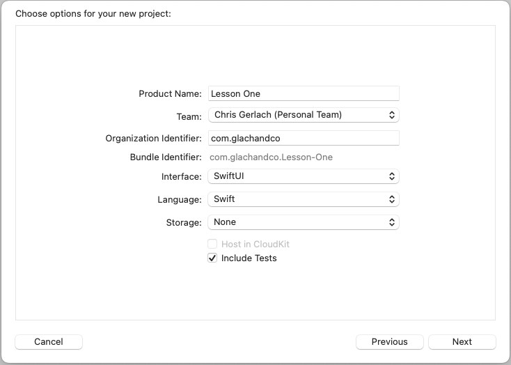 New project options form with Product Name "Lesson One", Team "Chris Gerlach (Personal Team)", Organization Identifier "com.glachandco", SwiftUI Interface, Swift Language, and Include Tests checkbox selected.